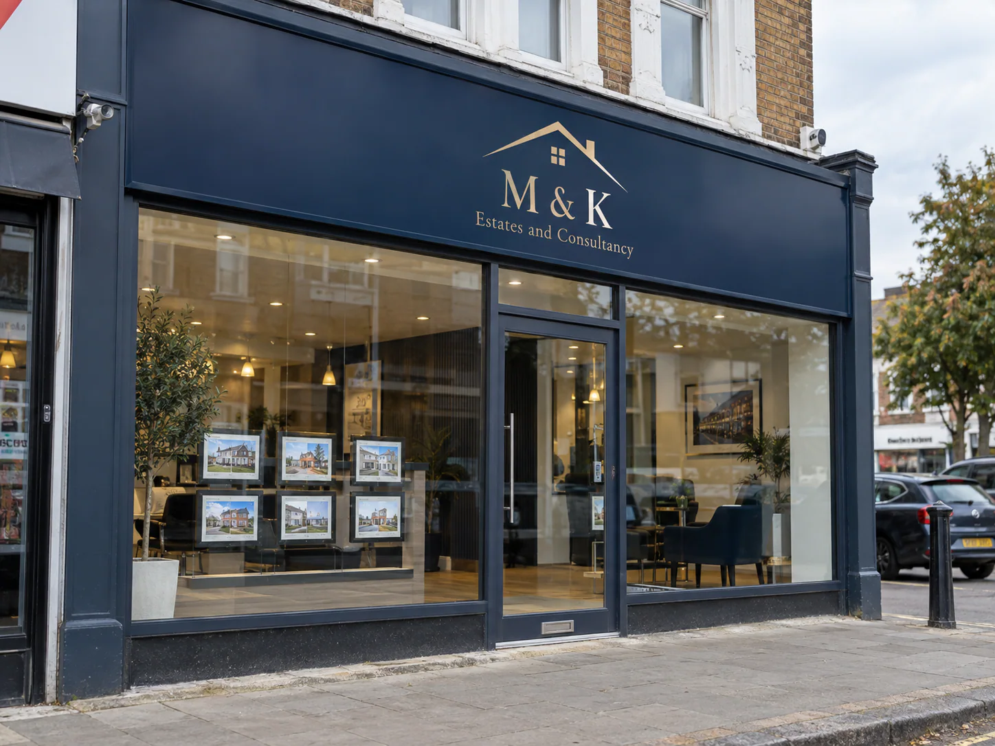 Illustrative M & K estate agency frontage on a South London high street